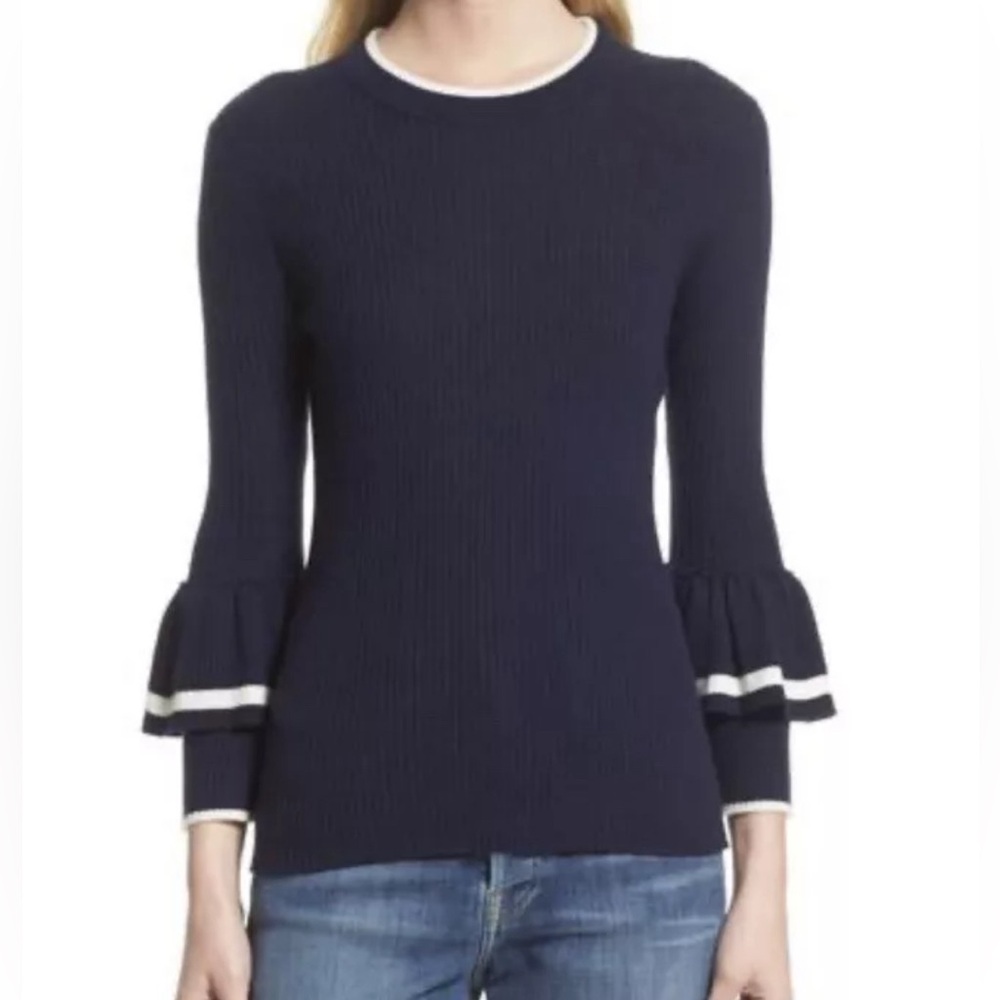 FRAME‎ Ruffle-Cuff Rib-Knit Wool Sweater in Navy - Picture 6 of 6